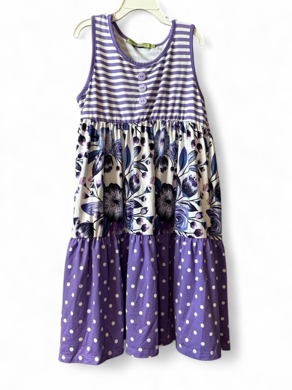 Girls' Purple Mixed-Pattern Sleeveless Tiered Dress
